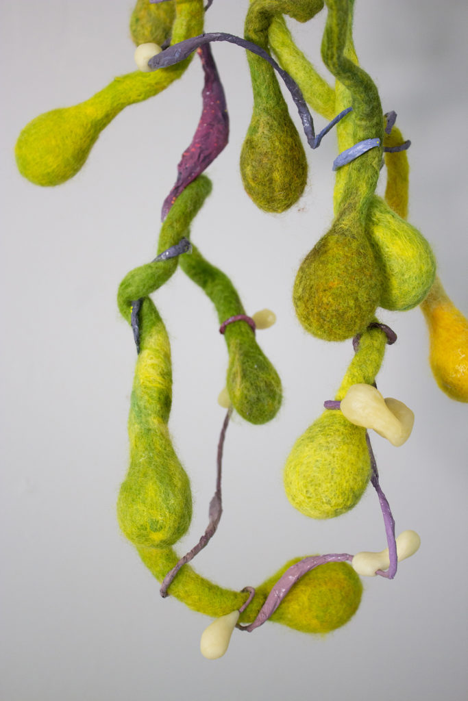 Colorful hanging fiber sculpture by DC area artist Emily Hoxworth Hager